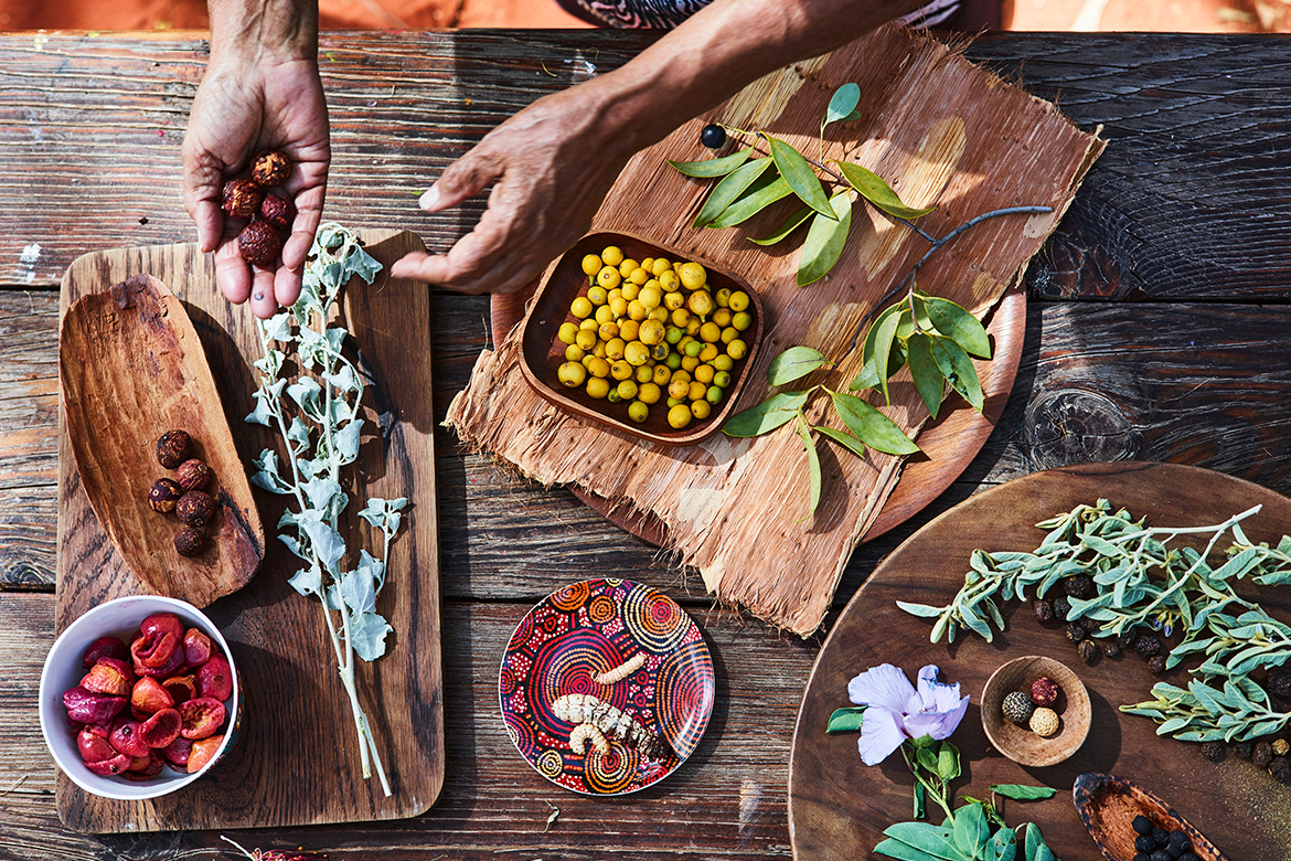Native Australian ingredients — berries, seeds, leaves and herbs — arranged on wooden boards and bark.