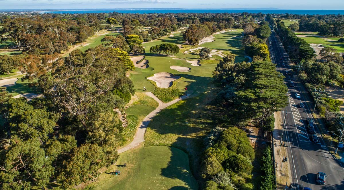 Aerial view of fairways and bunkering at Victoria Golf Club on the Melbourne Sandbelt