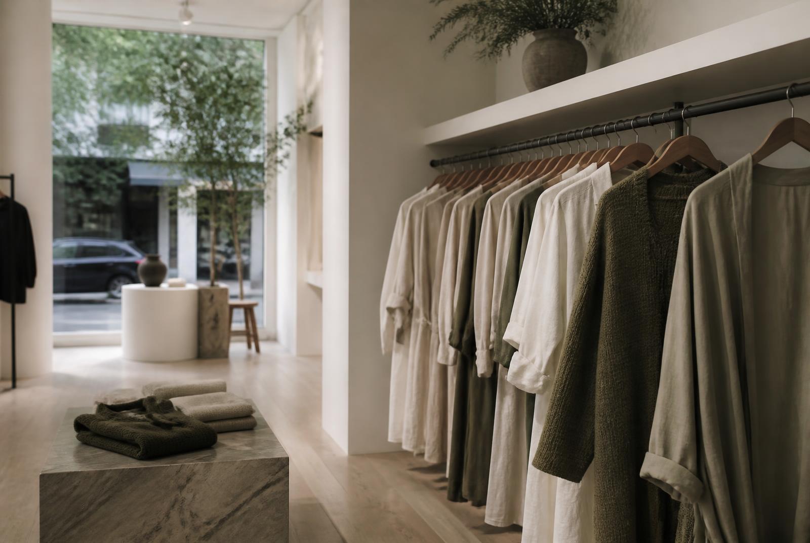 Quiet boutique interior with pale timber floors and a rail of linen and knitwear
