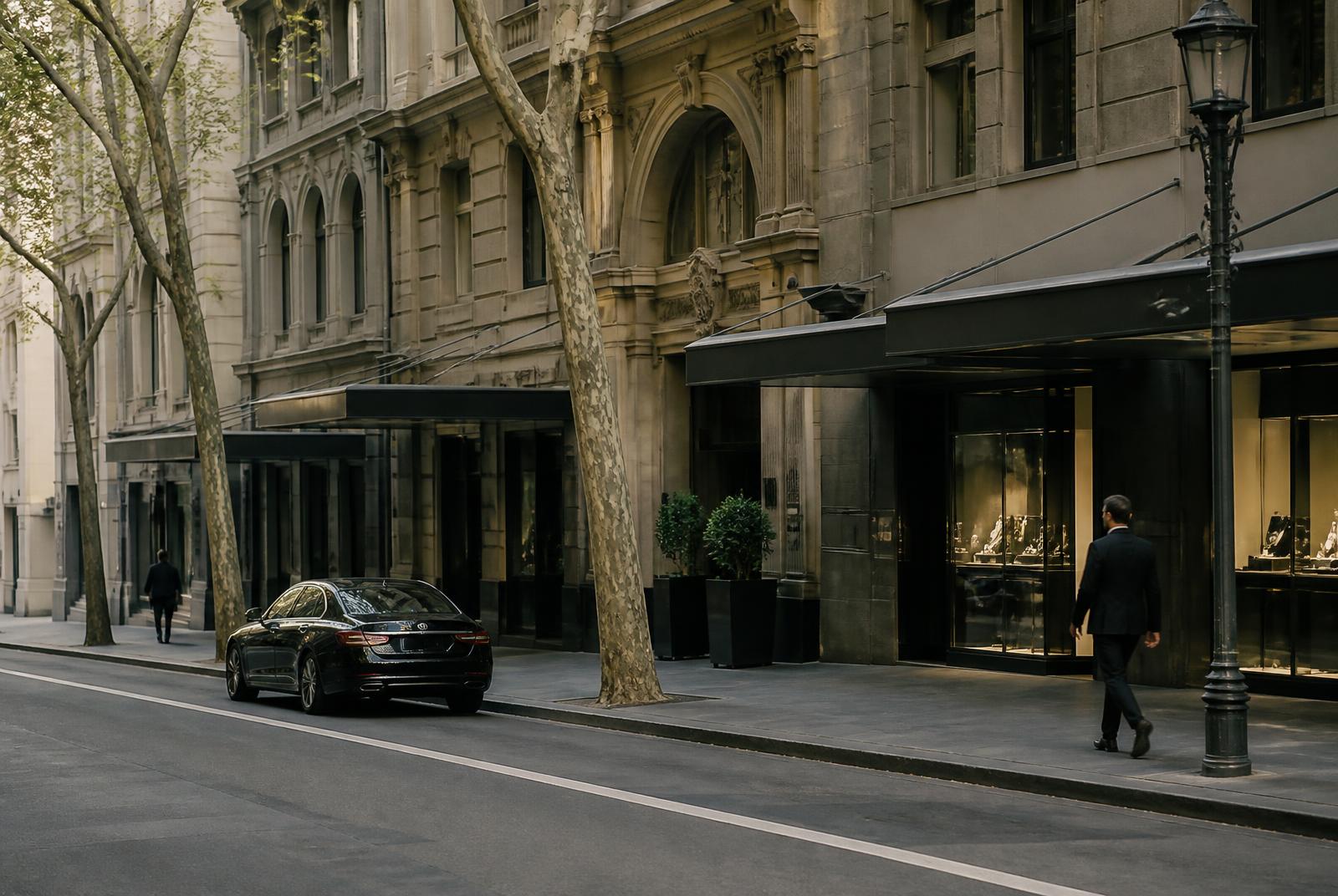 Heritage facades, plane trees and discreet jewellery windows at the Paris End of Collins Street
