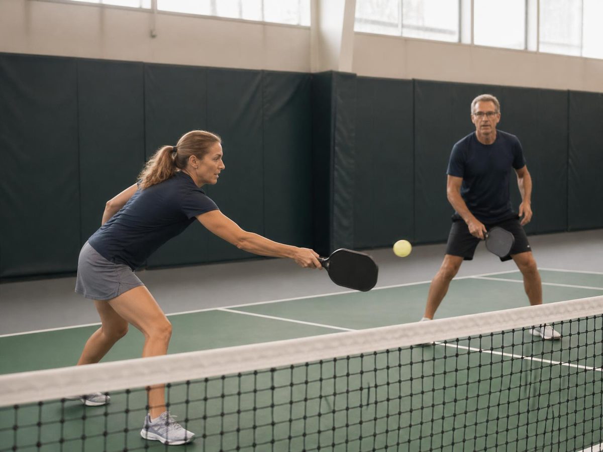 Pickleball paddles and ball on an indoor court.