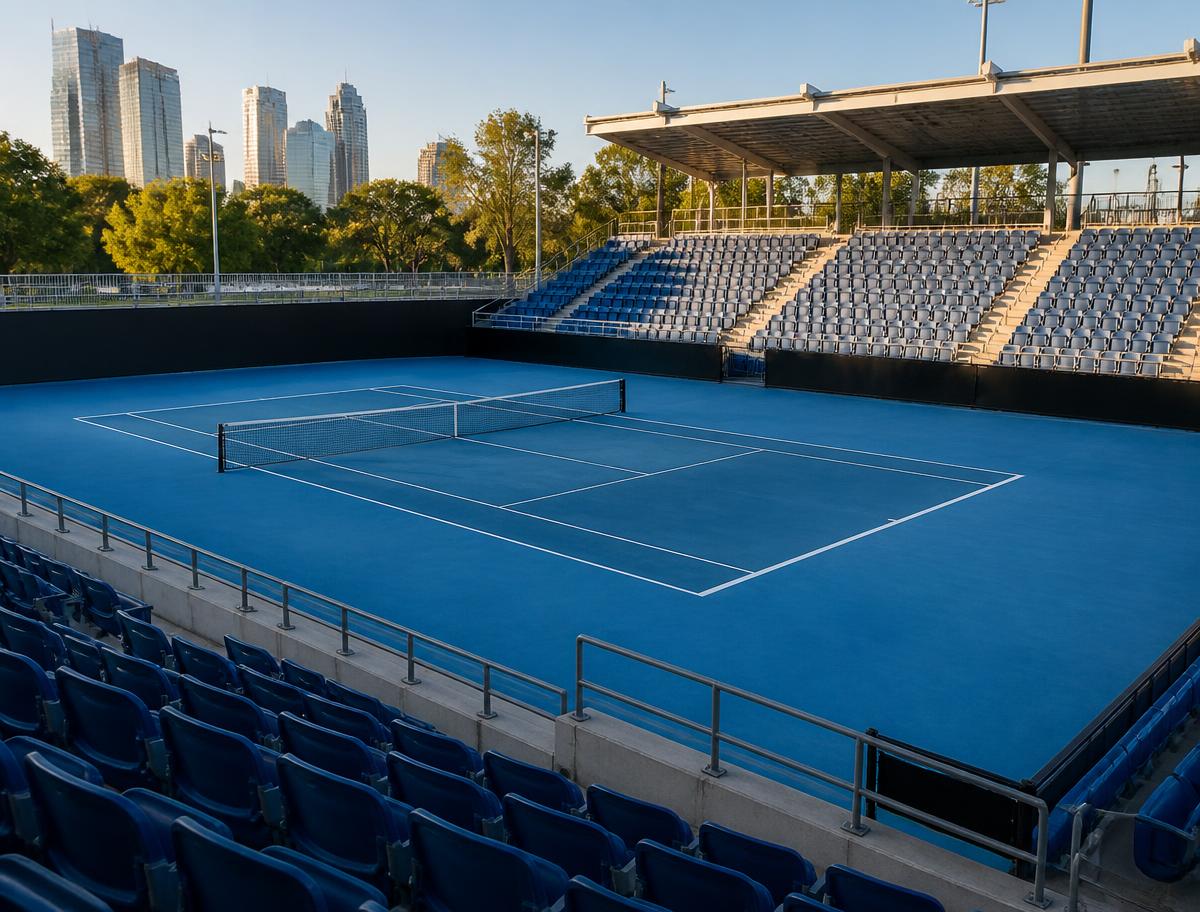 Empty outdoor tennis court in Melbourne in late afternoon light.